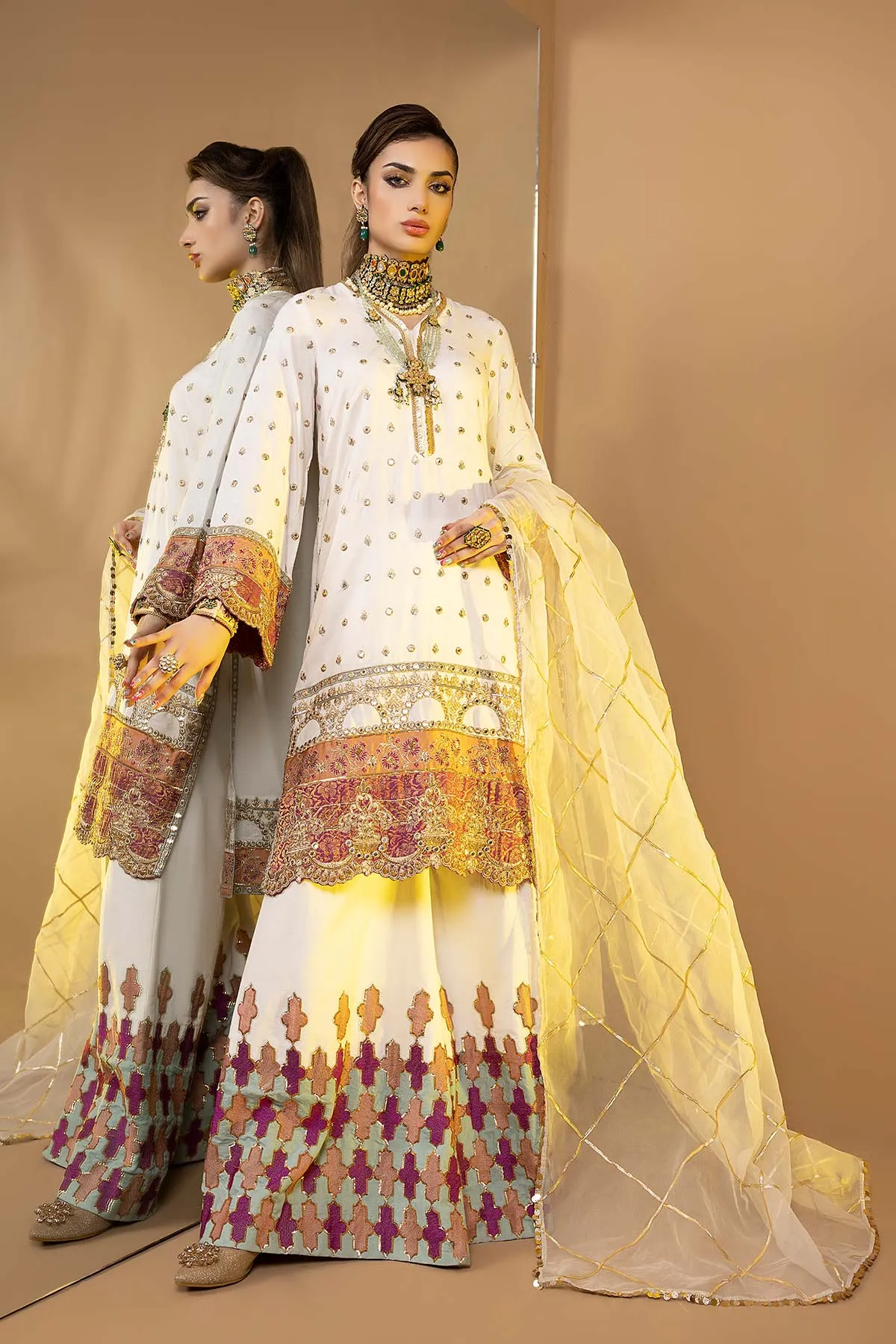 3-PC Embroidered Raw Silk Shirt with Silk Lengha & Organza Dupatta STM22-18