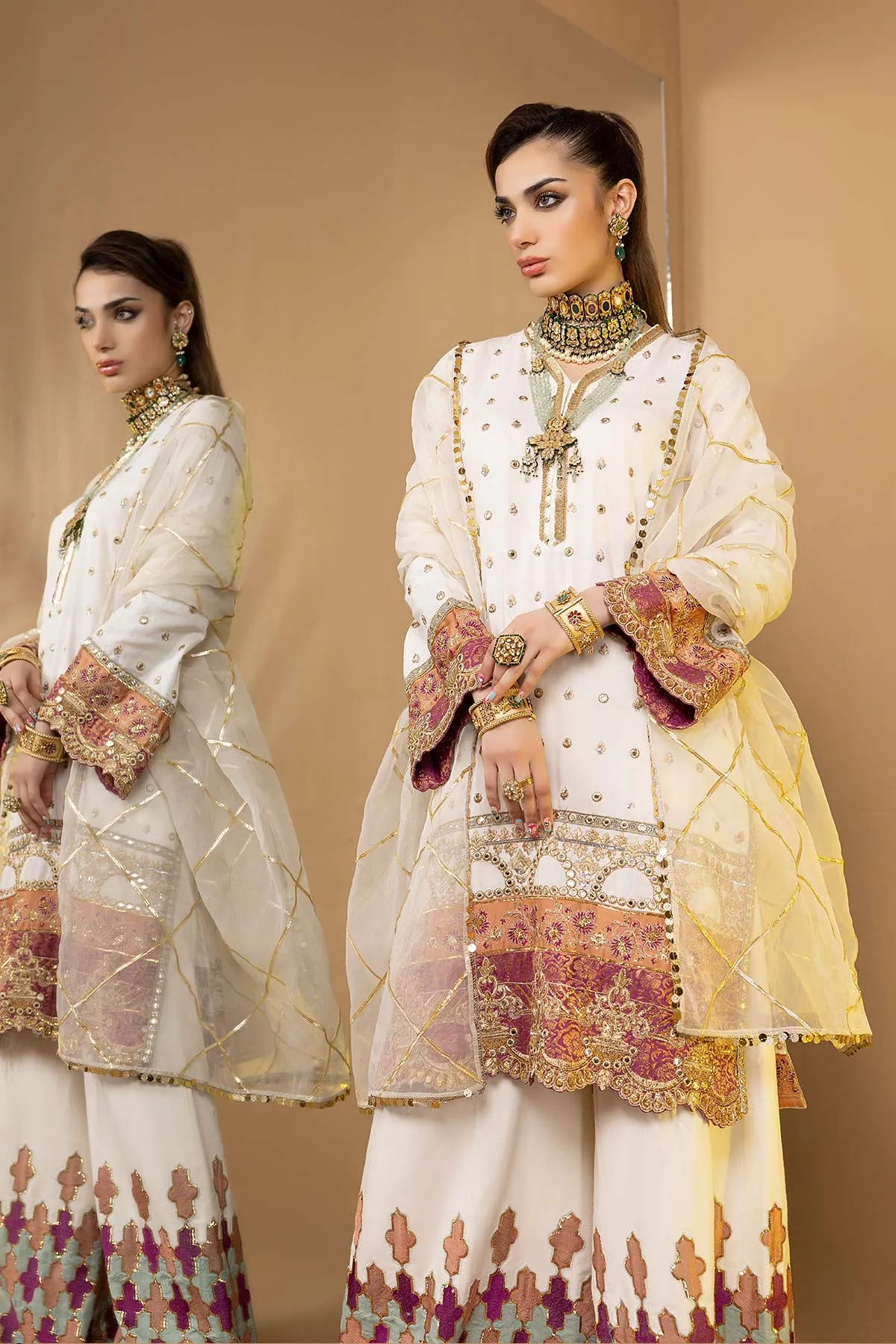 3-PC Embroidered Raw Silk Shirt with Silk Lengha & Organza Dupatta STM22-18