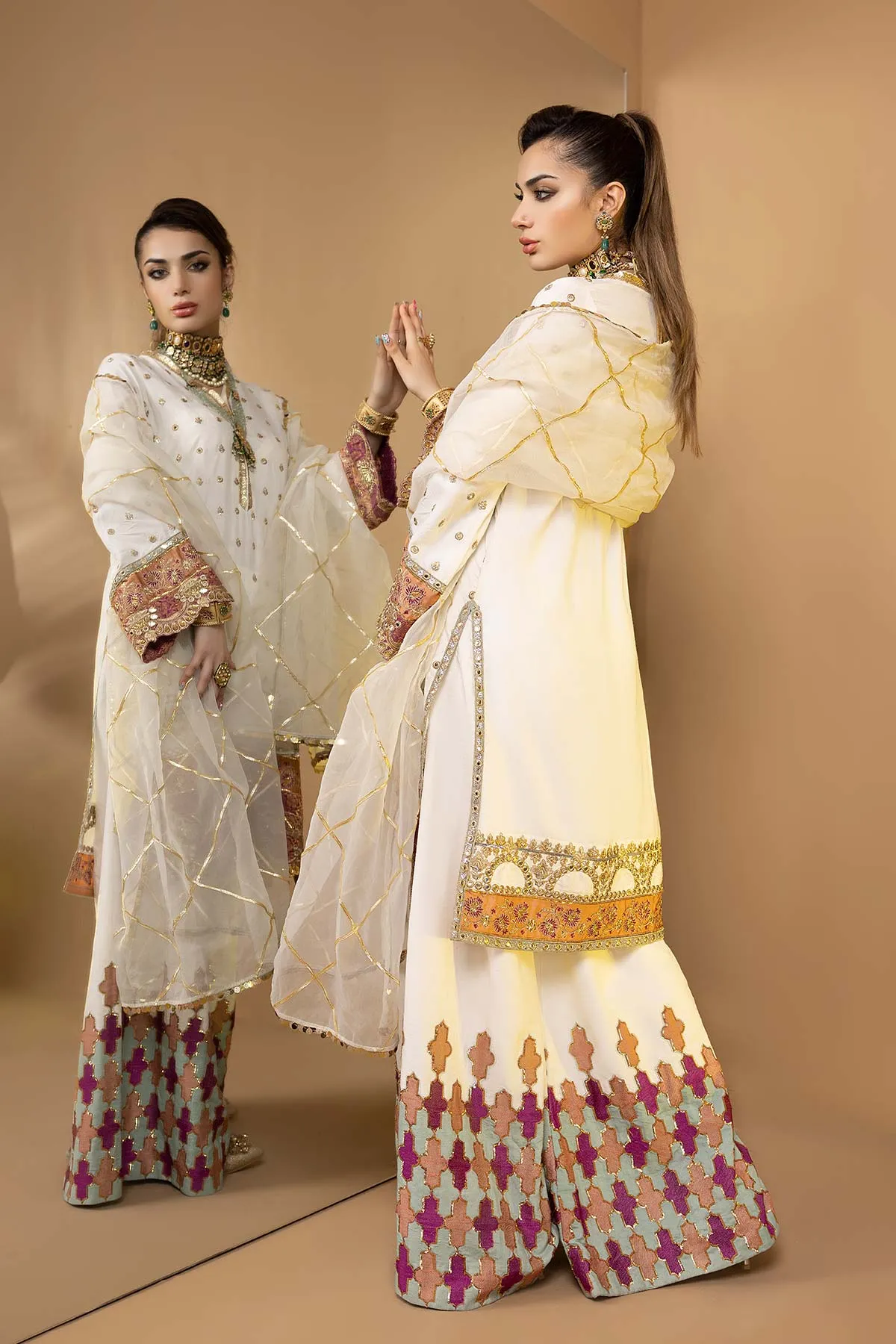 3-PC Embroidered Raw Silk Shirt with Silk Lengha & Organza Dupatta STM22-18