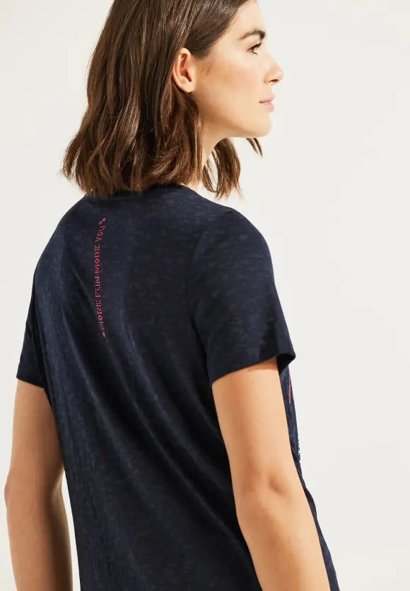 320223-Navy Print T-Shirt- Cecil