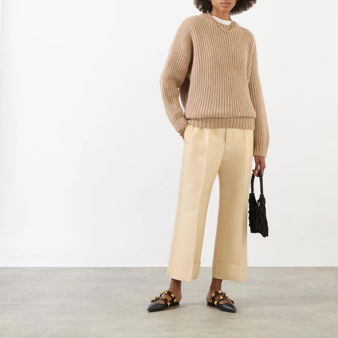 ANINE BING Sydney Rib-Knit Crew Neck Sweater - Camel