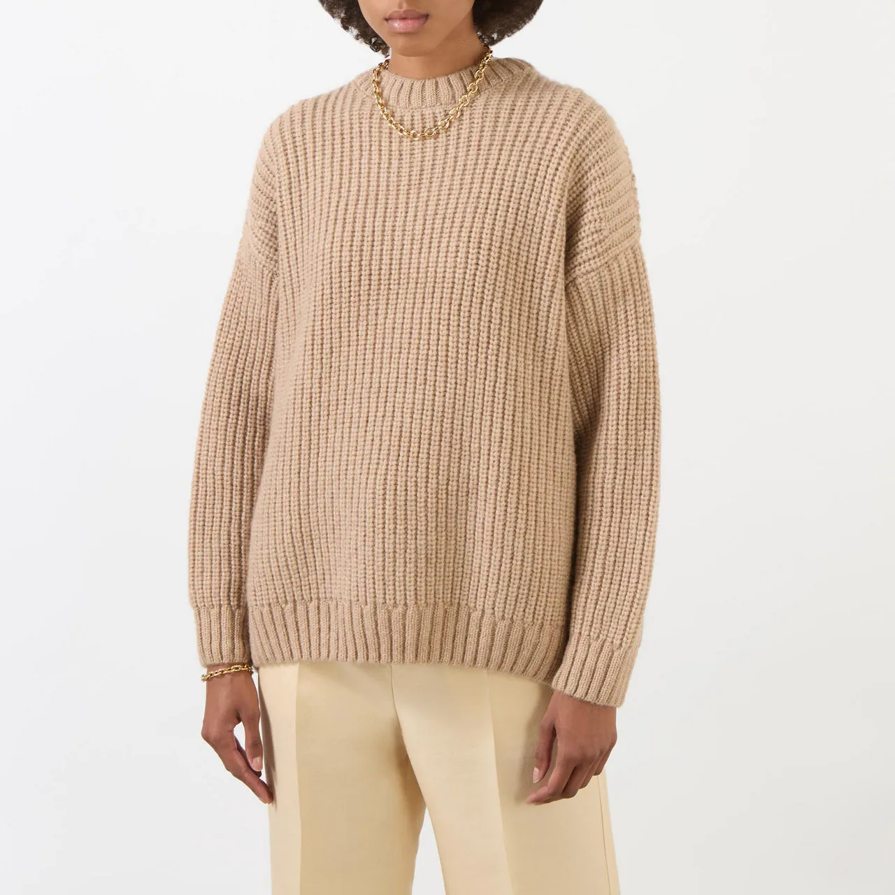 ANINE BING Sydney Rib-Knit Crew Neck Sweater - Camel