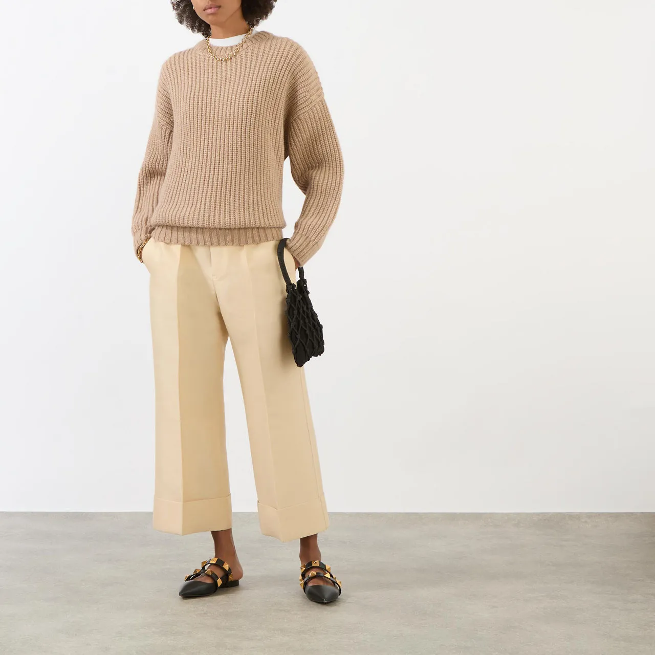 ANINE BING Sydney Rib-Knit Crew Neck Sweater - Camel