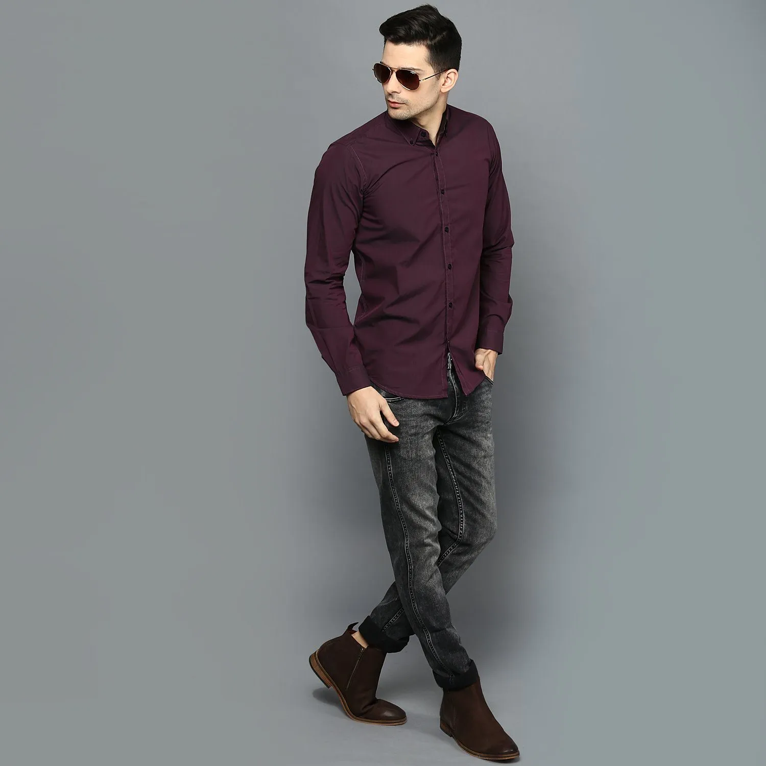 Burgandy Button Down Slim Fit Shirt