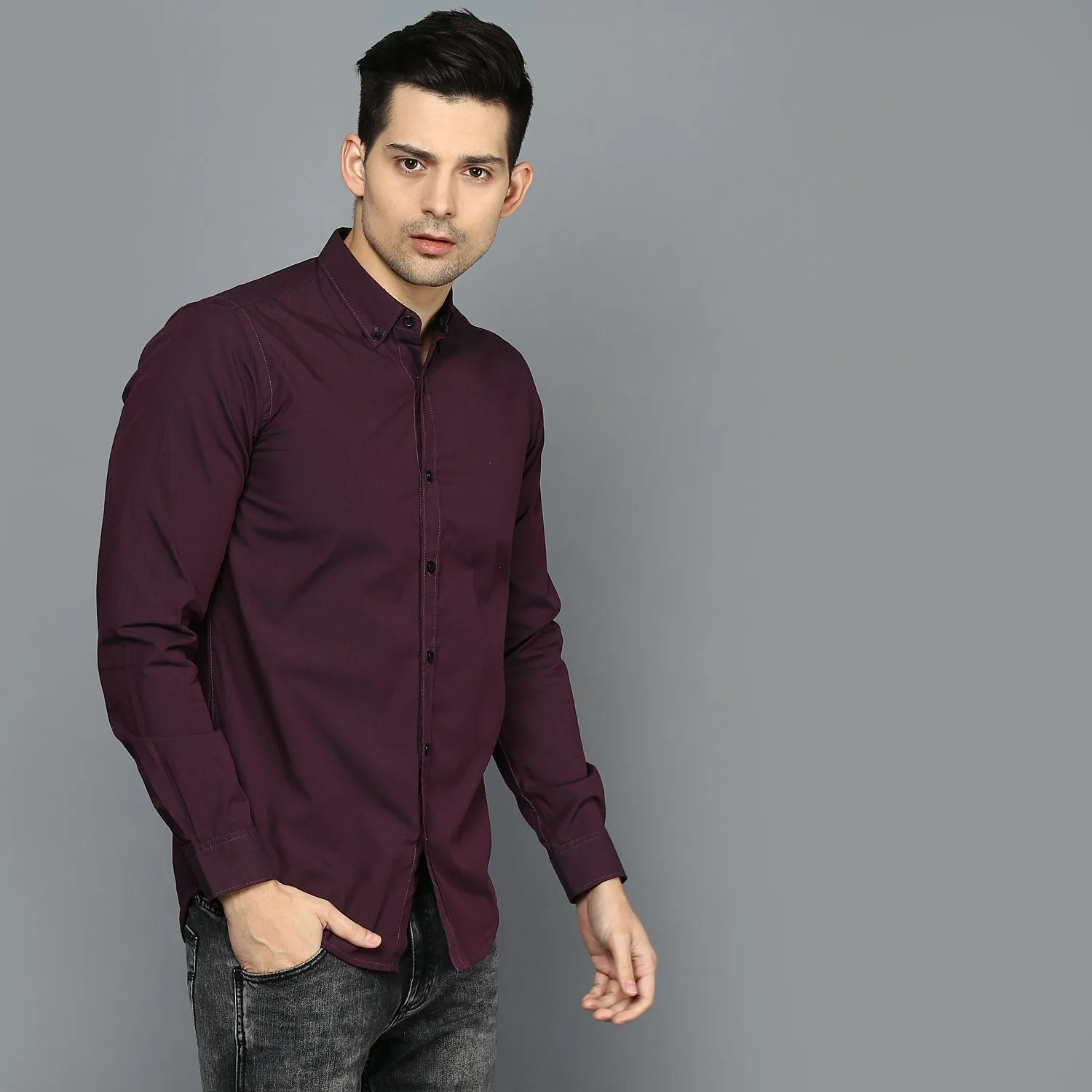 Burgandy Button Down Slim Fit Shirt