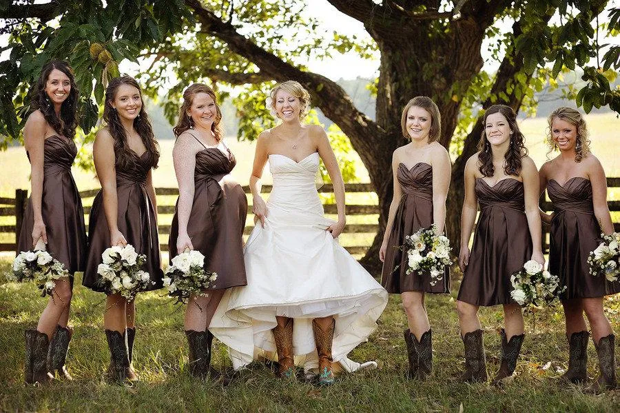 Coffee Color Short Country Style Strapless Bridesmaid Dresses with Boots