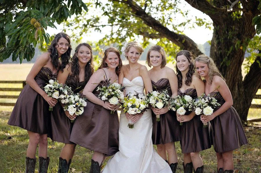 Coffee Color Short Country Style Strapless Bridesmaid Dresses with Boots