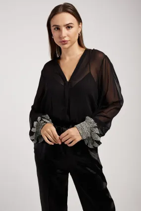 'Enchanted' Embroidery Chic Georgette Shirt in Noir