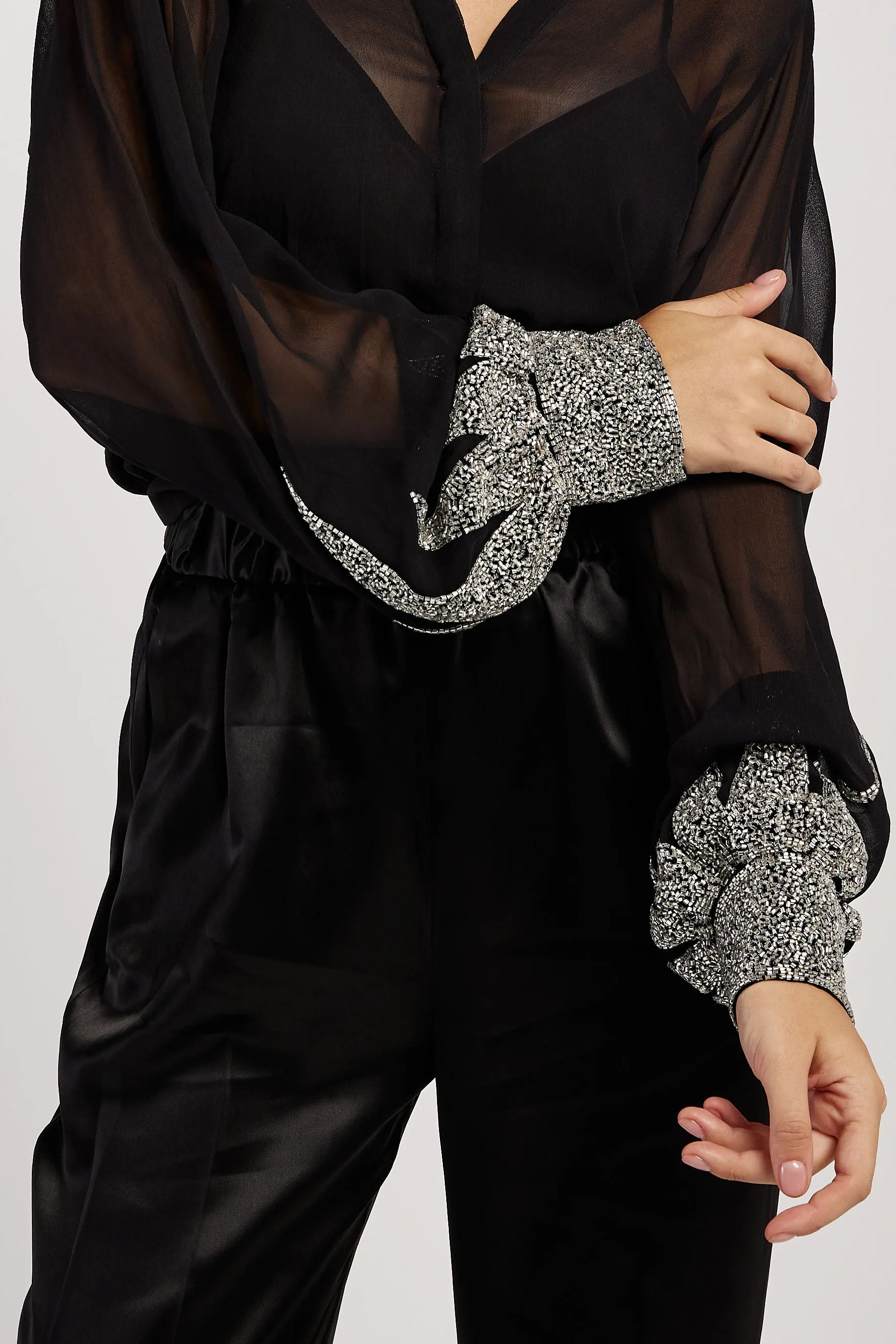 'Enchanted' Embroidery Chic Georgette Shirt in Noir