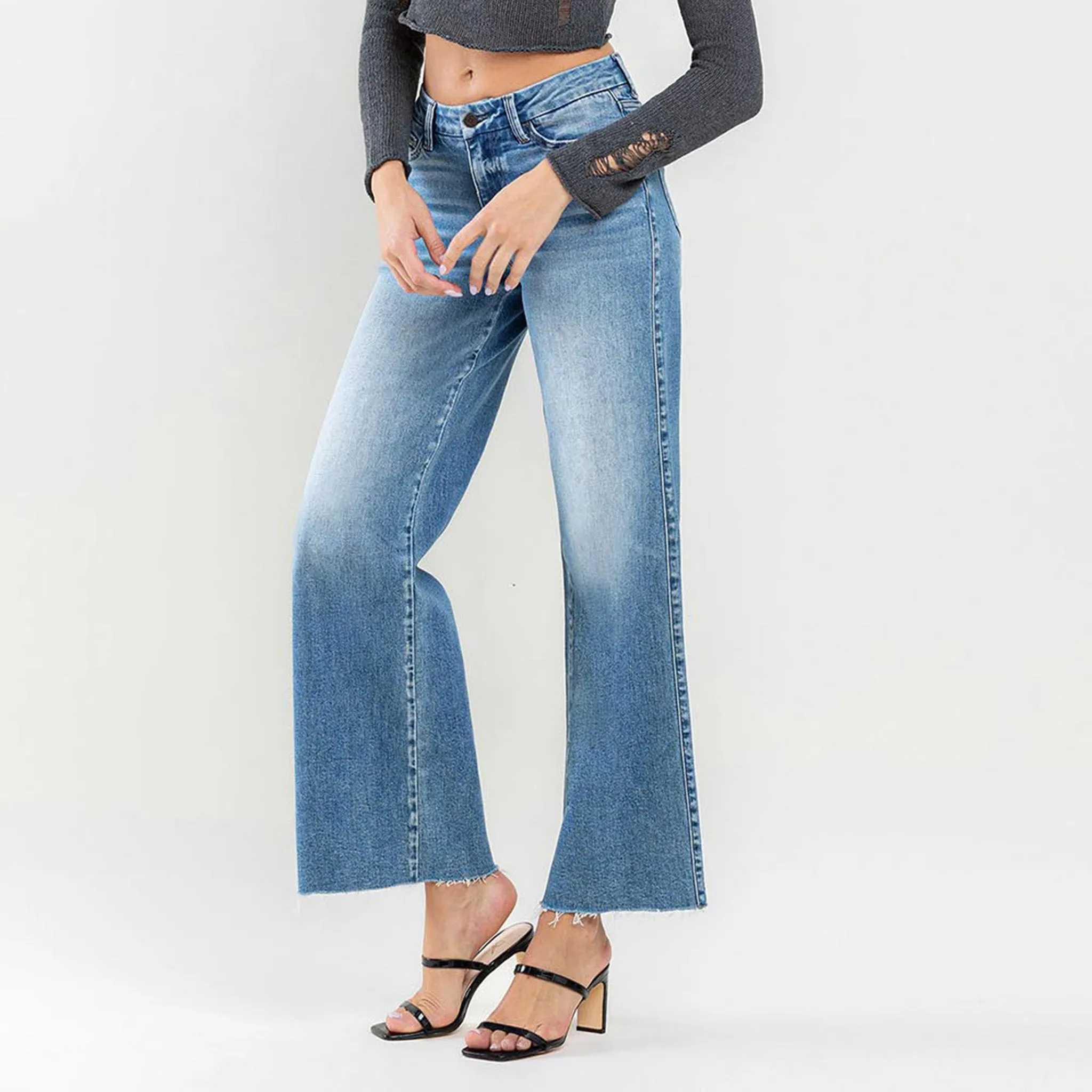 Flying Monkey Women's Mid Rise Wide Leg Jeans