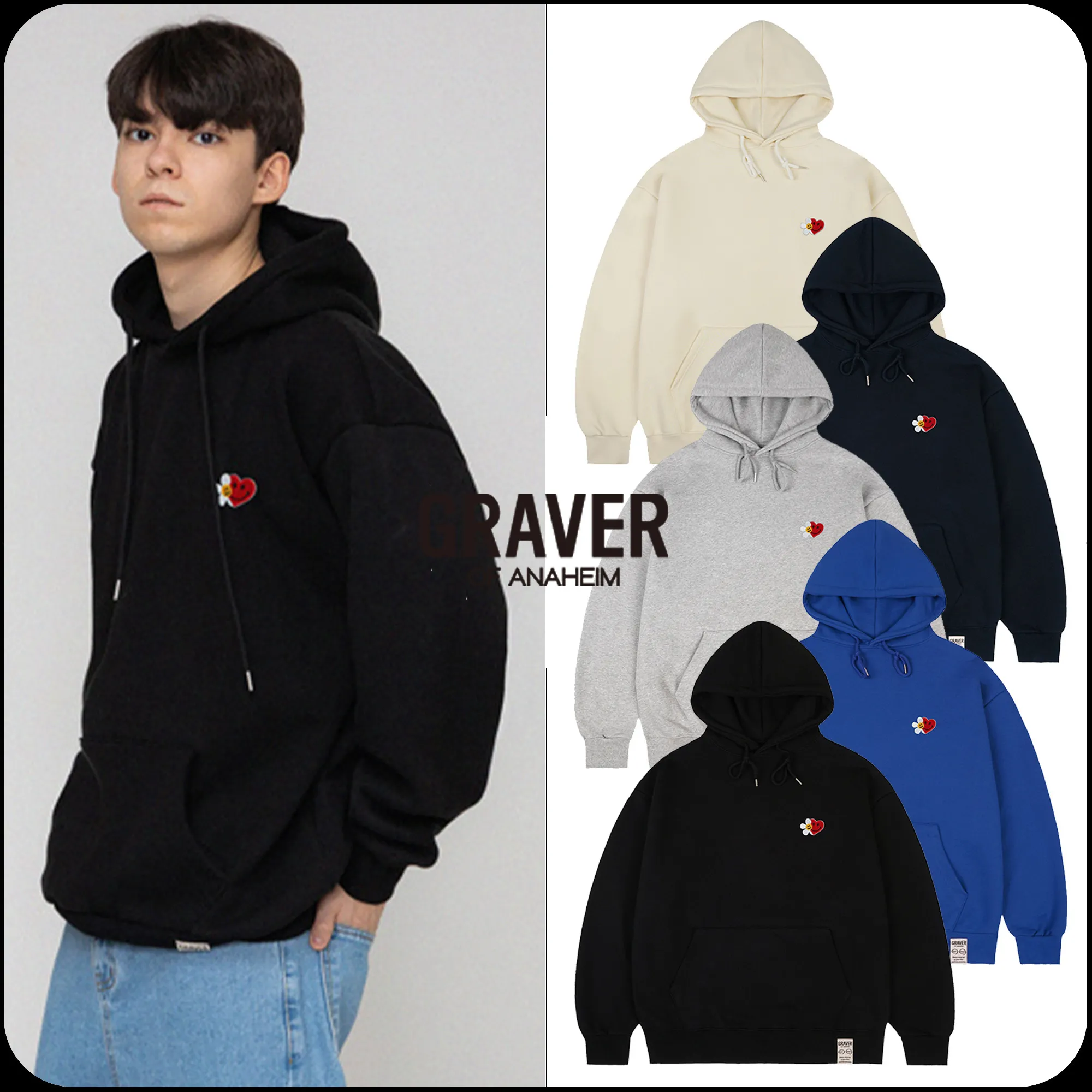 GRAVER  |[GRAVER]★FLOWER HEART HALF SMILE EMBROIDERY HOODIE