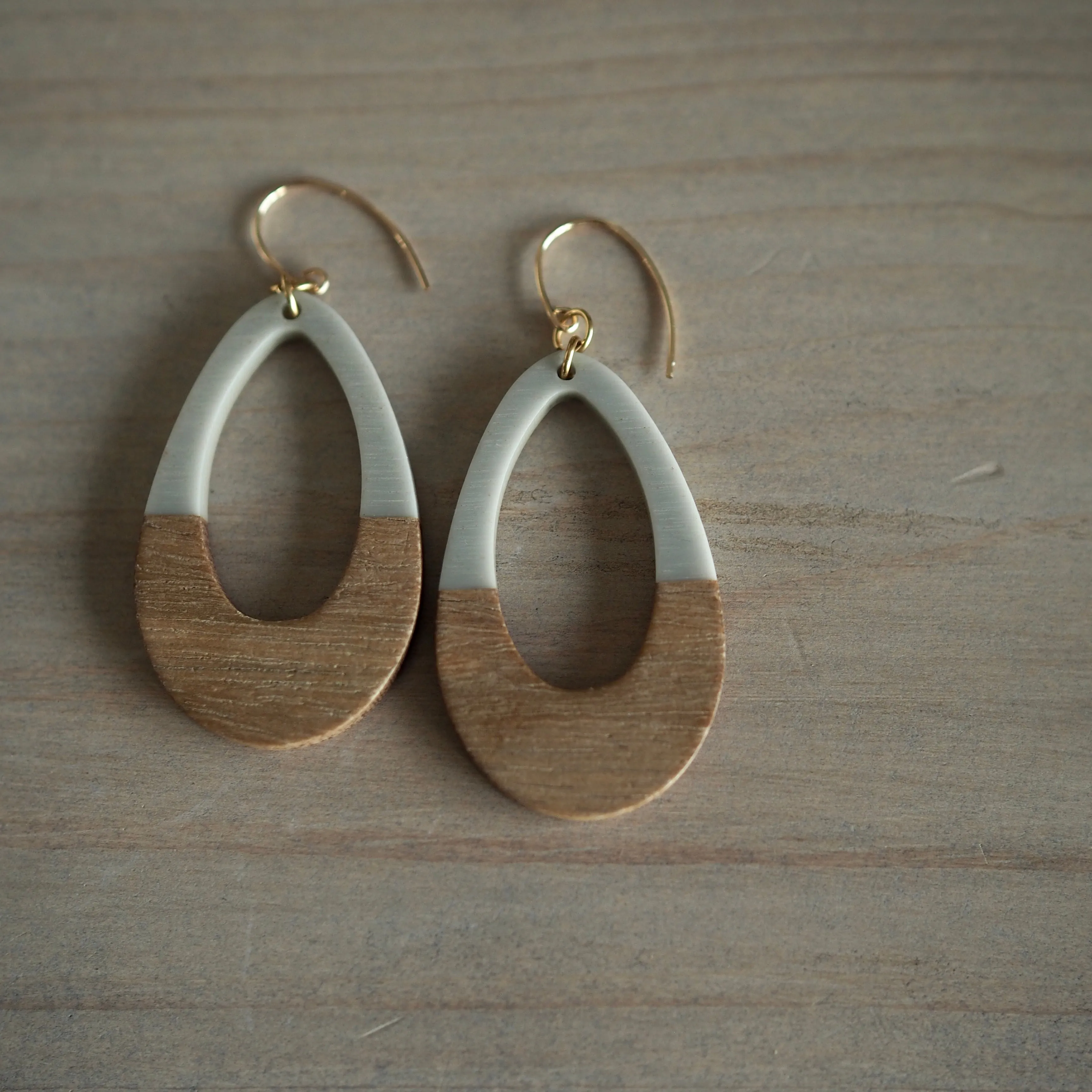 Grey and Wood Teardrop Earrings