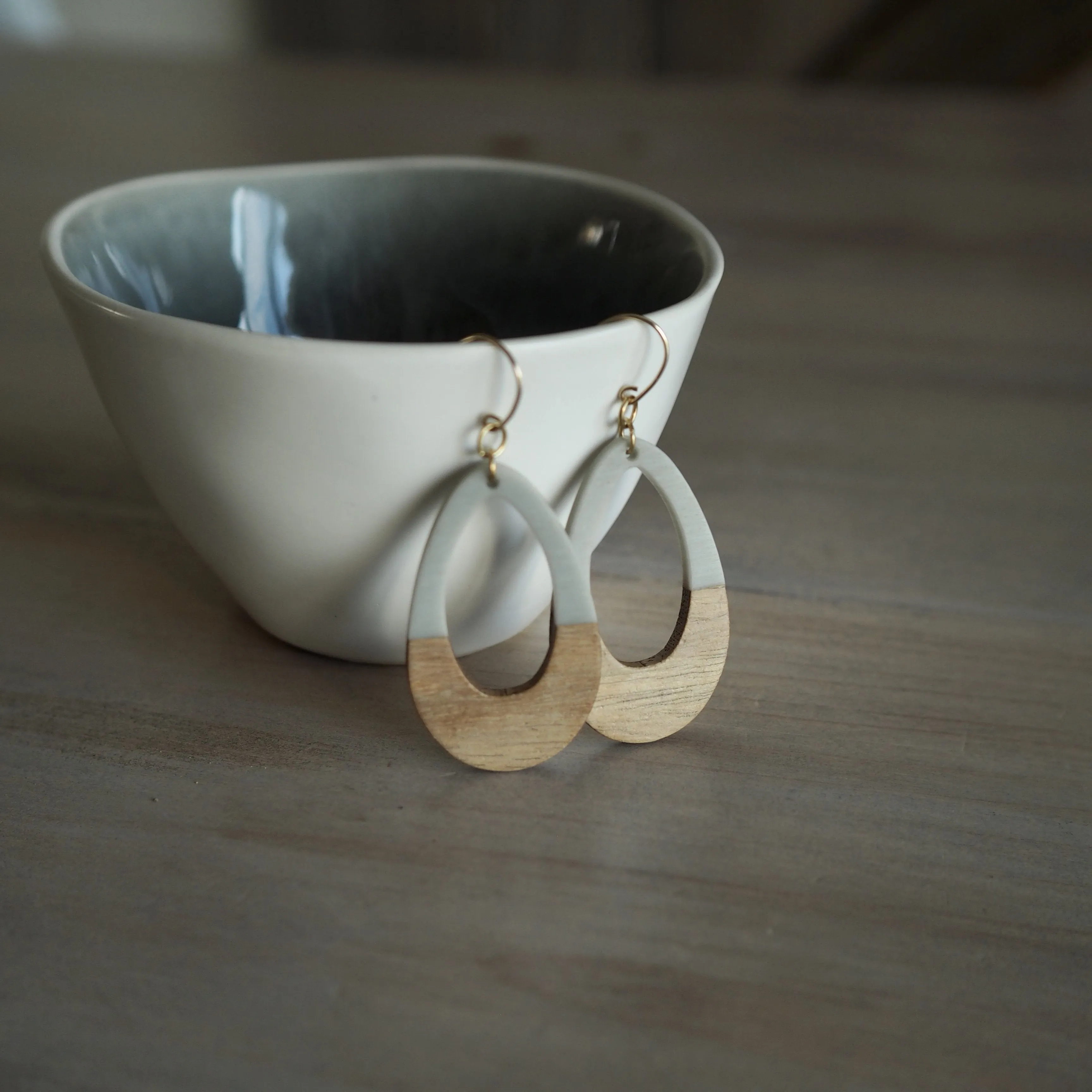 Grey and Wood Teardrop Earrings