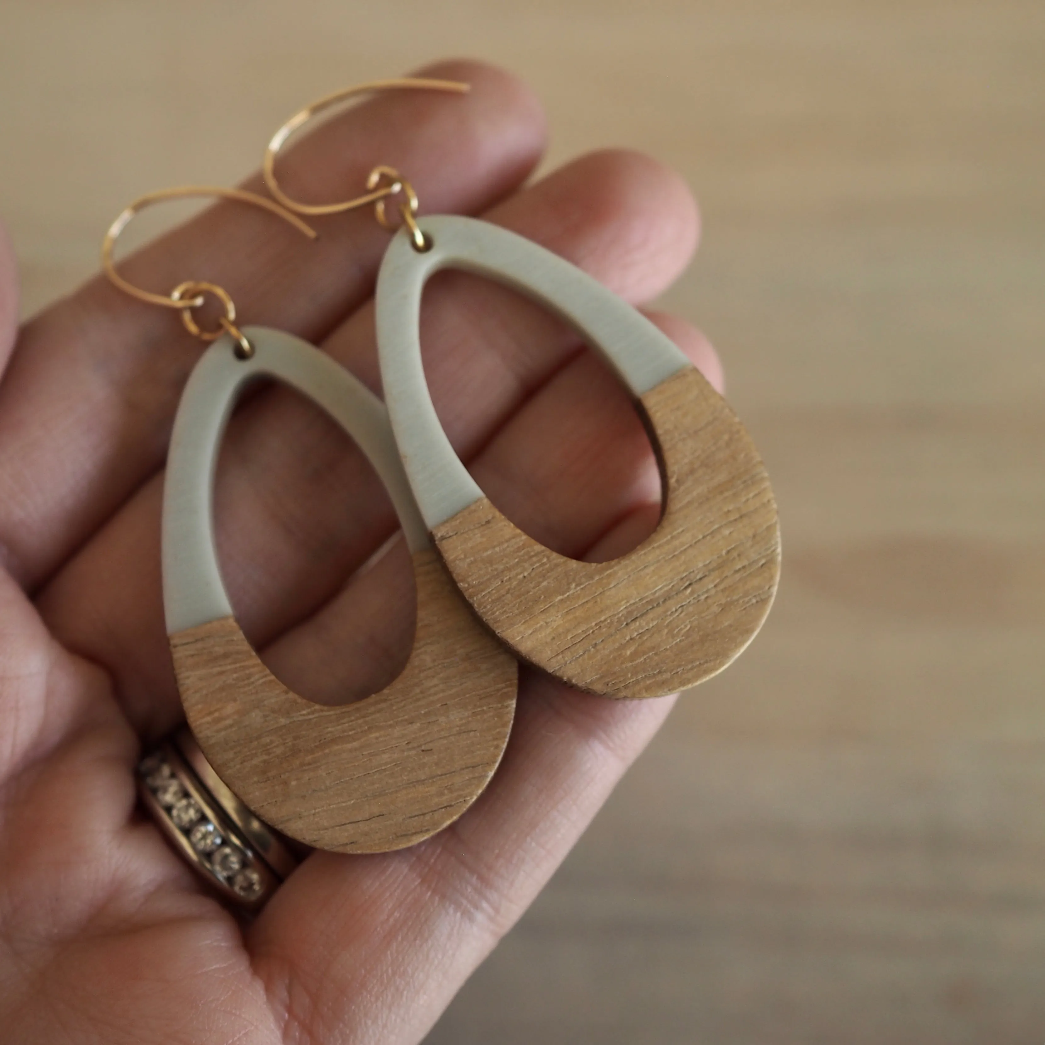 Grey and Wood Teardrop Earrings