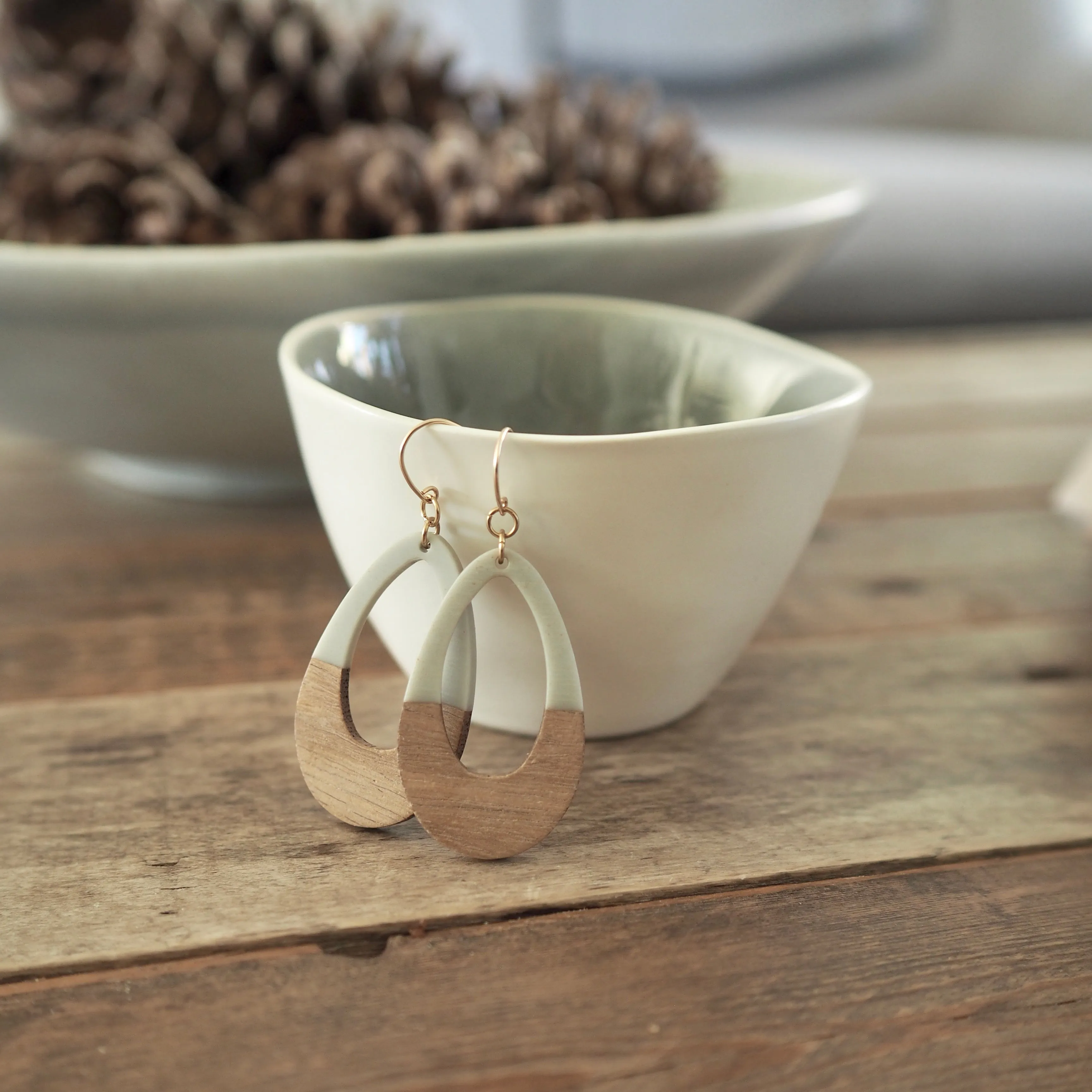 Grey and Wood Teardrop Earrings