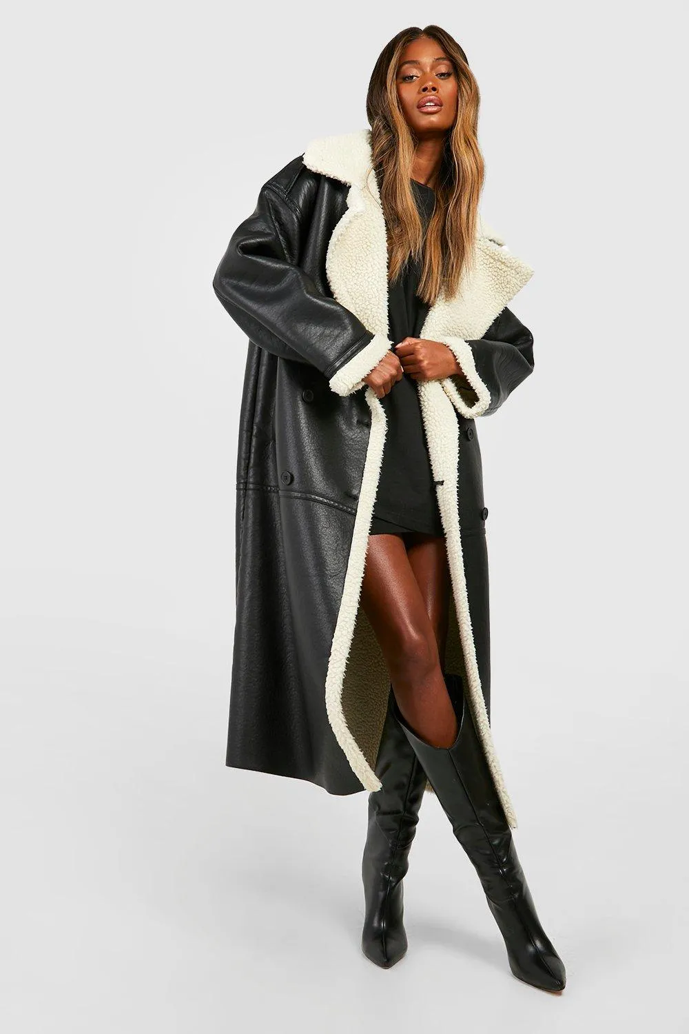 Jackets & Coats | Borg Trim Maxi Aviator Coat | boohoo