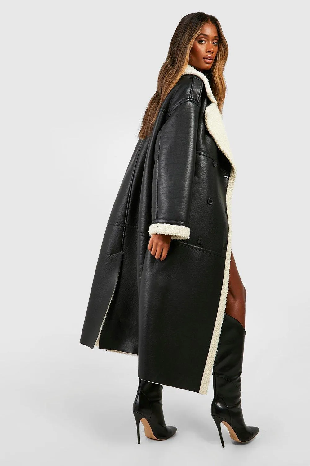 Jackets & Coats | Borg Trim Maxi Aviator Coat | boohoo