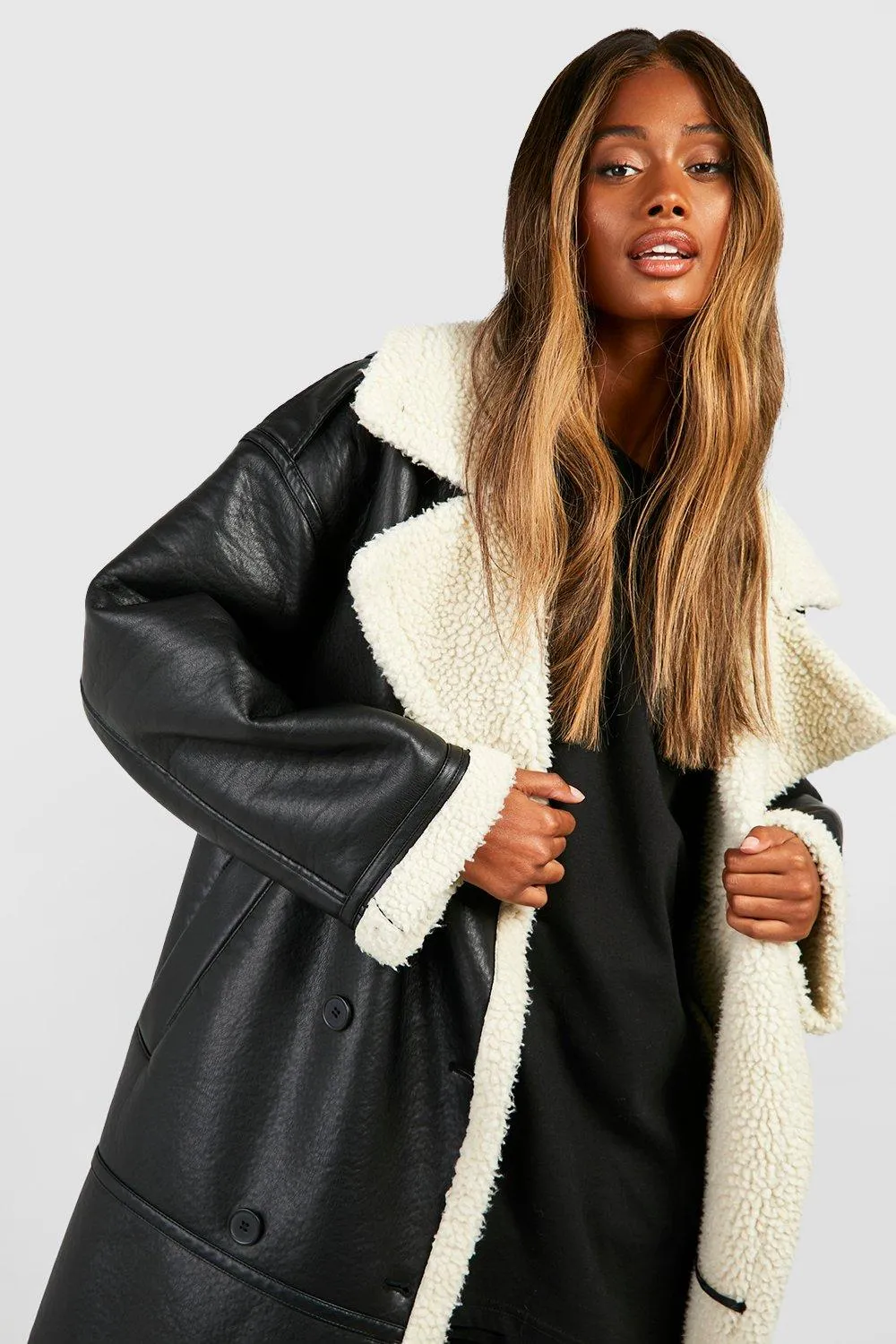 Jackets & Coats | Borg Trim Maxi Aviator Coat | boohoo