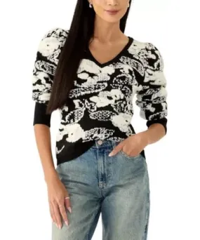 Jason Wu Women's Long Puff Sleeve Printed V-Neck Sweater