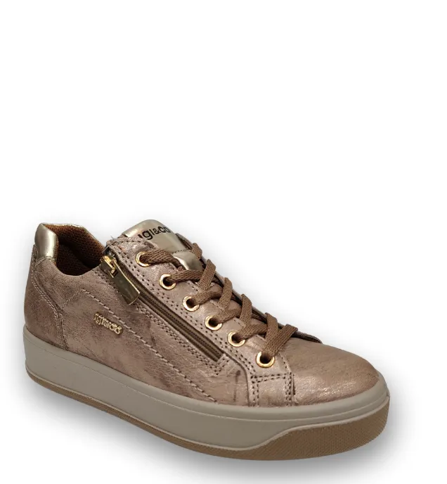 Ladies IGI & Co Lace Up Sneakers Platform Taupe Metallic Combo Zip 4668855