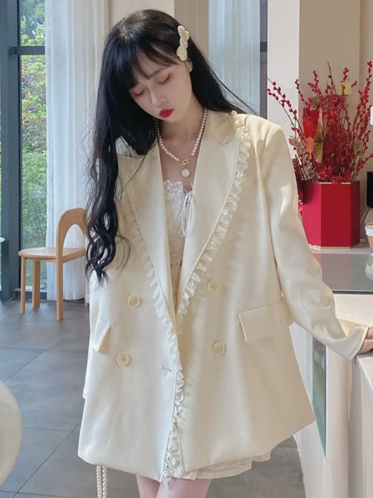 Lolita Blazer Women Lace Loose Kawaii Casual Chic Korean Elegant Retro Sweet Coats