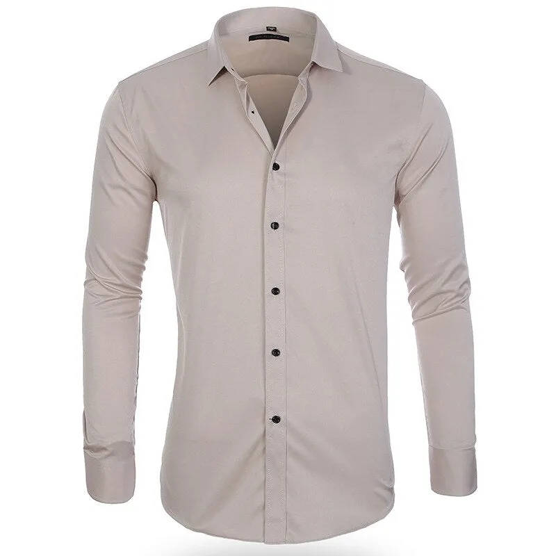 Men's Casual Solid Slim Fit Long Sleeve Non-Iron Bamboo Fiber Shirt