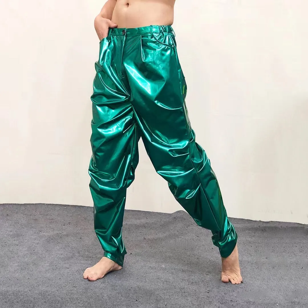 Men's Green Sexy Loose Pleated Shinny Bright Elastic Waist Casual Pants