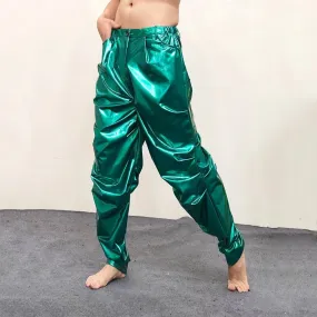 Men's Green Sexy Loose Pleated Shinny Bright Elastic Waist Casual Pants