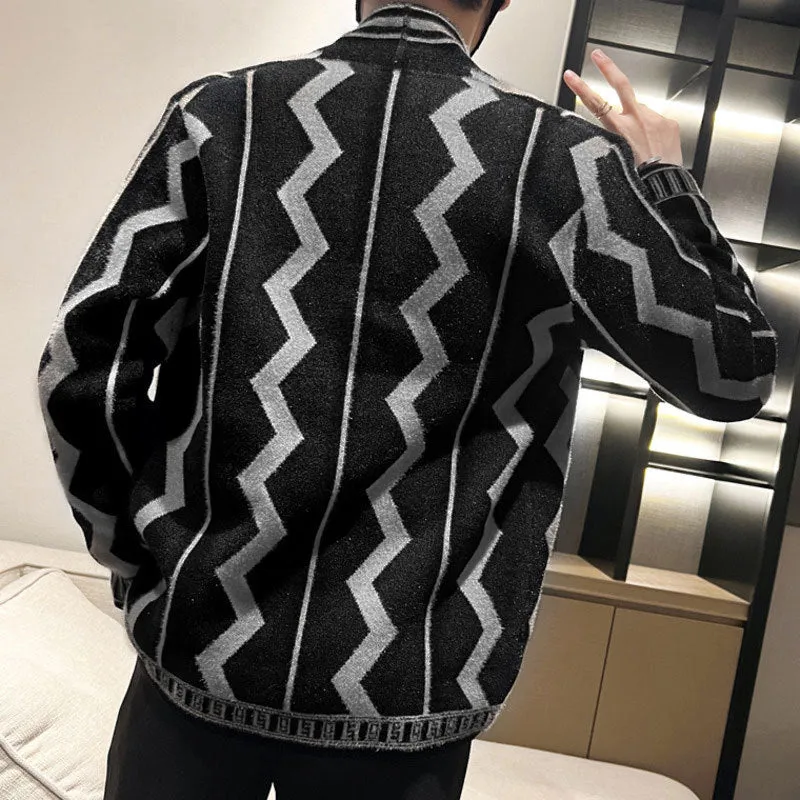 Men's Plus Size England-Style Contrasting Striped Pattern Cardigan Jacket