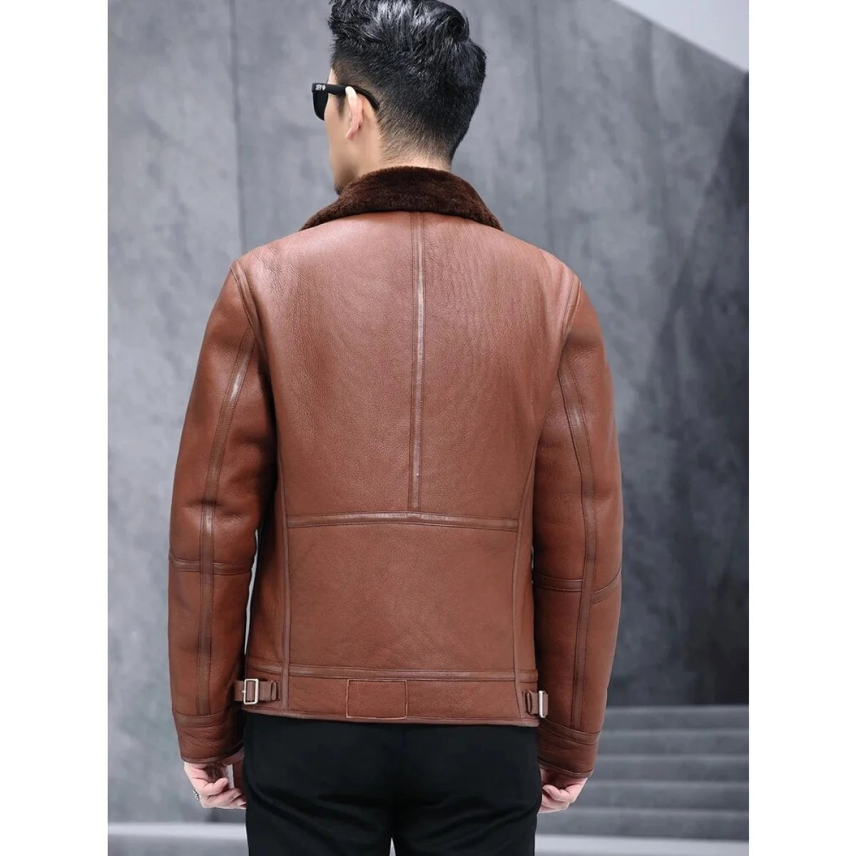 Men's Sheepskin Shearling Turn-down Fur Collar Warm Winter Jacket