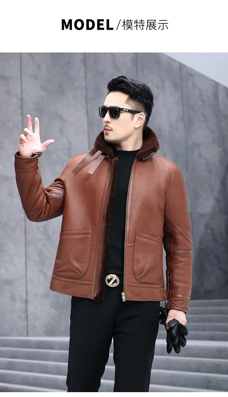 Men's Sheepskin Shearling Turn-down Fur Collar Warm Winter Jacket