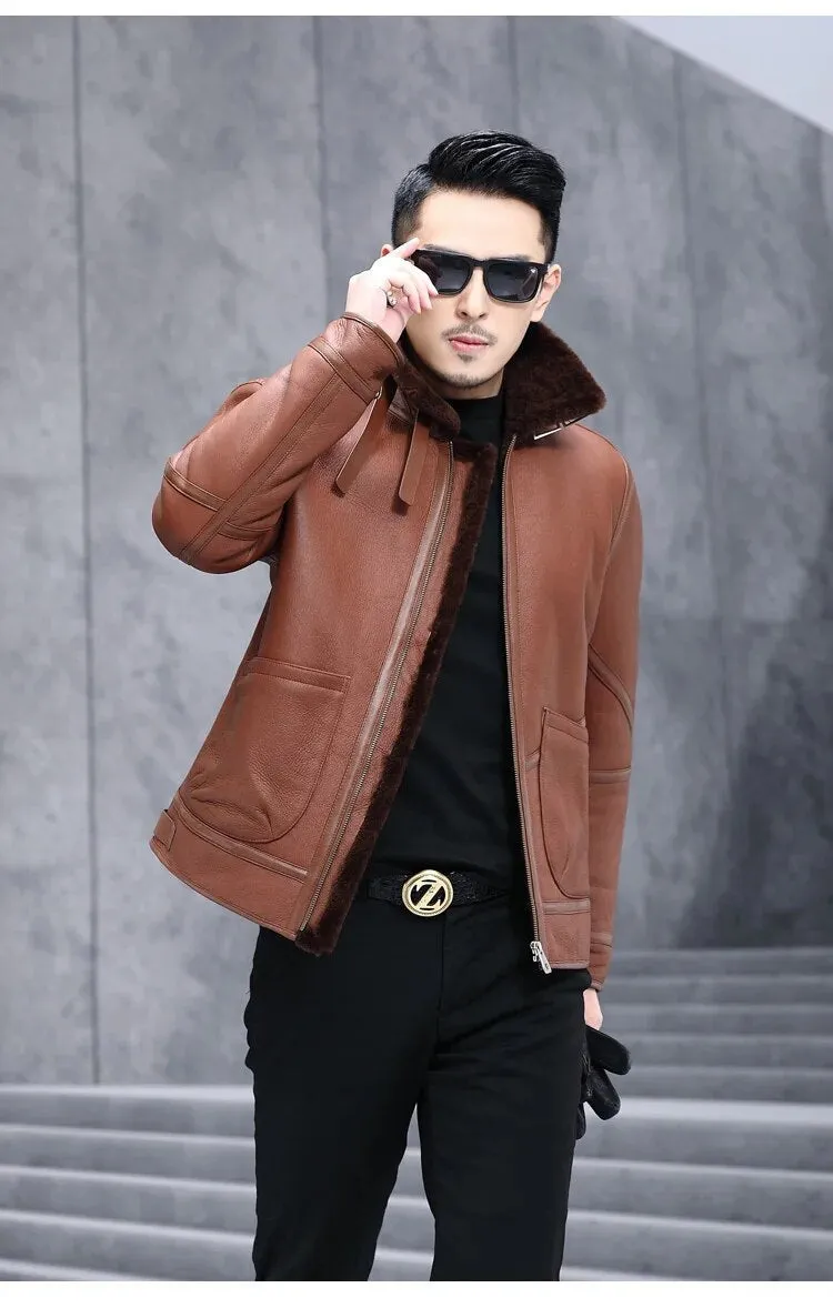 Men's Sheepskin Shearling Turn-down Fur Collar Warm Winter Jacket