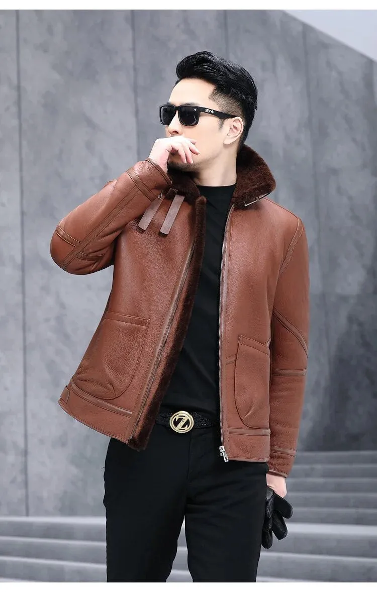 Men's Sheepskin Shearling Turn-down Fur Collar Warm Winter Jacket