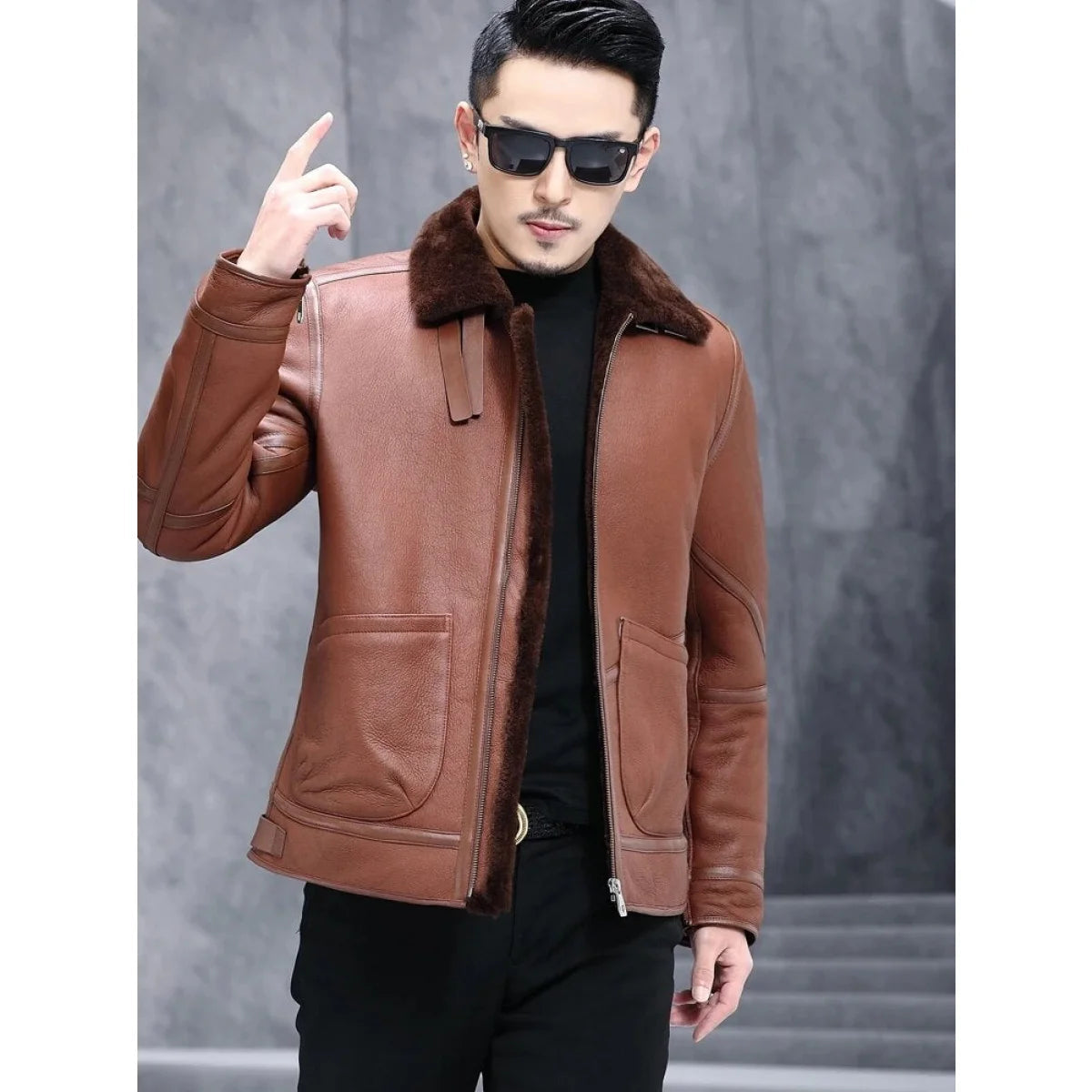 Men's Sheepskin Shearling Turn-down Fur Collar Warm Winter Jacket