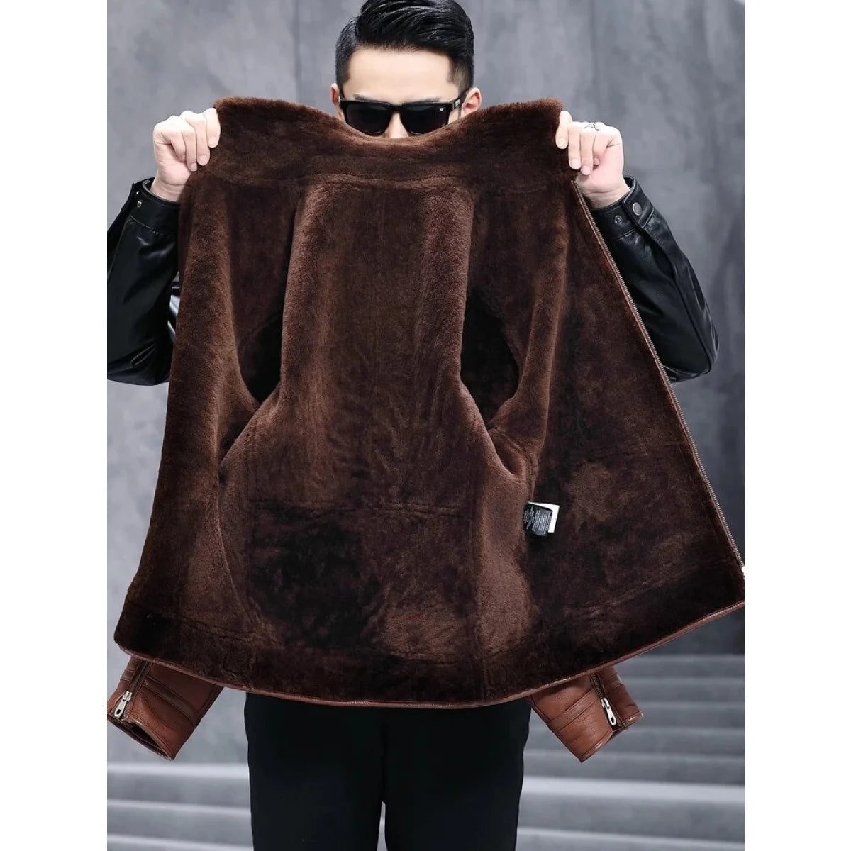 Men's Sheepskin Shearling Turn-down Fur Collar Warm Winter Jacket