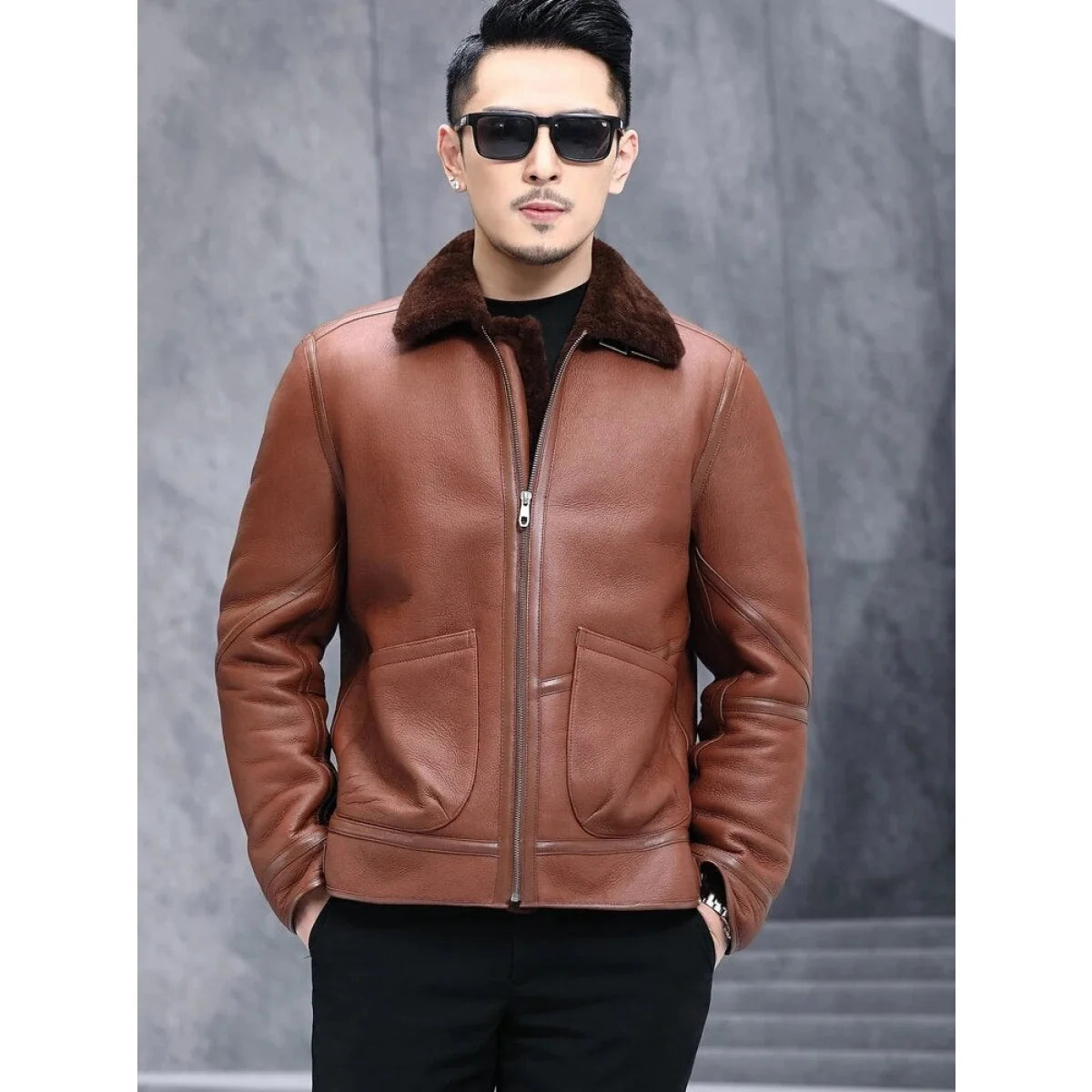 Men's Sheepskin Shearling Turn-down Fur Collar Warm Winter Jacket