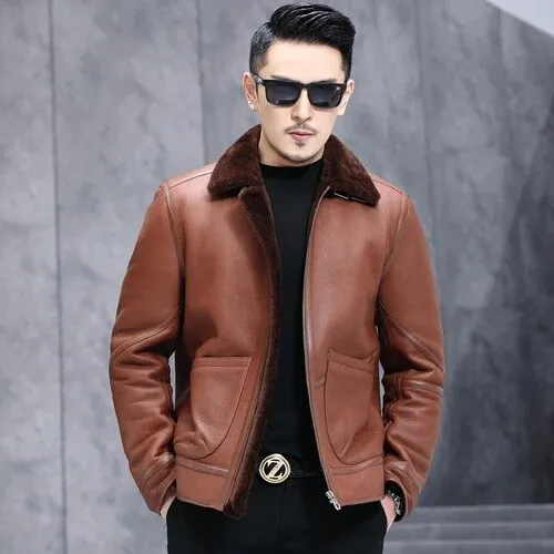 Men's Sheepskin Shearling Turn-down Fur Collar Warm Winter Jacket