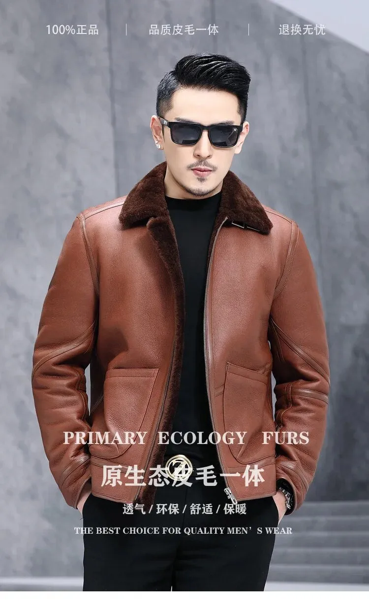 Men's Sheepskin Shearling Turn-down Fur Collar Warm Winter Jacket