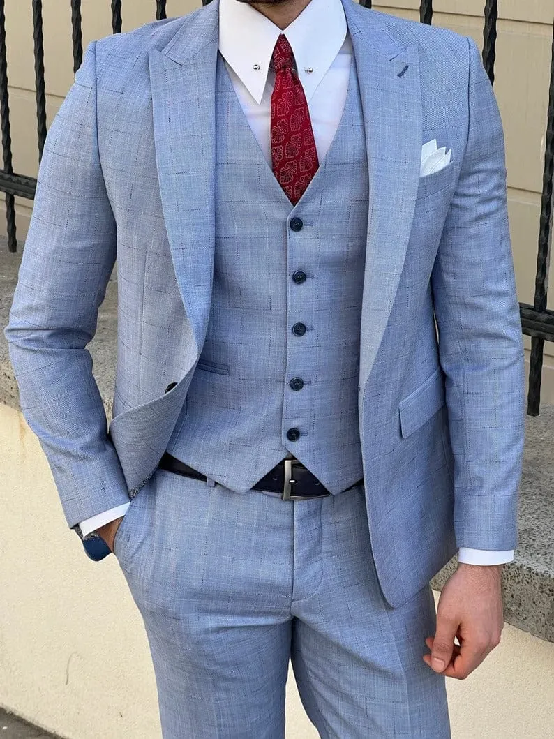 Mens Slim Fit Wool Plaid Blue Suit