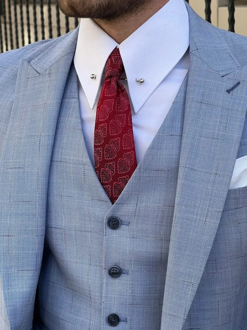 Mens Slim Fit Wool Plaid Blue Suit