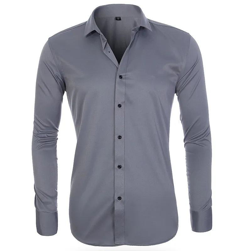 Men's Solid Non-Iron Slim Fit Bamboo Fiber Casual Long Sleeve Shirt