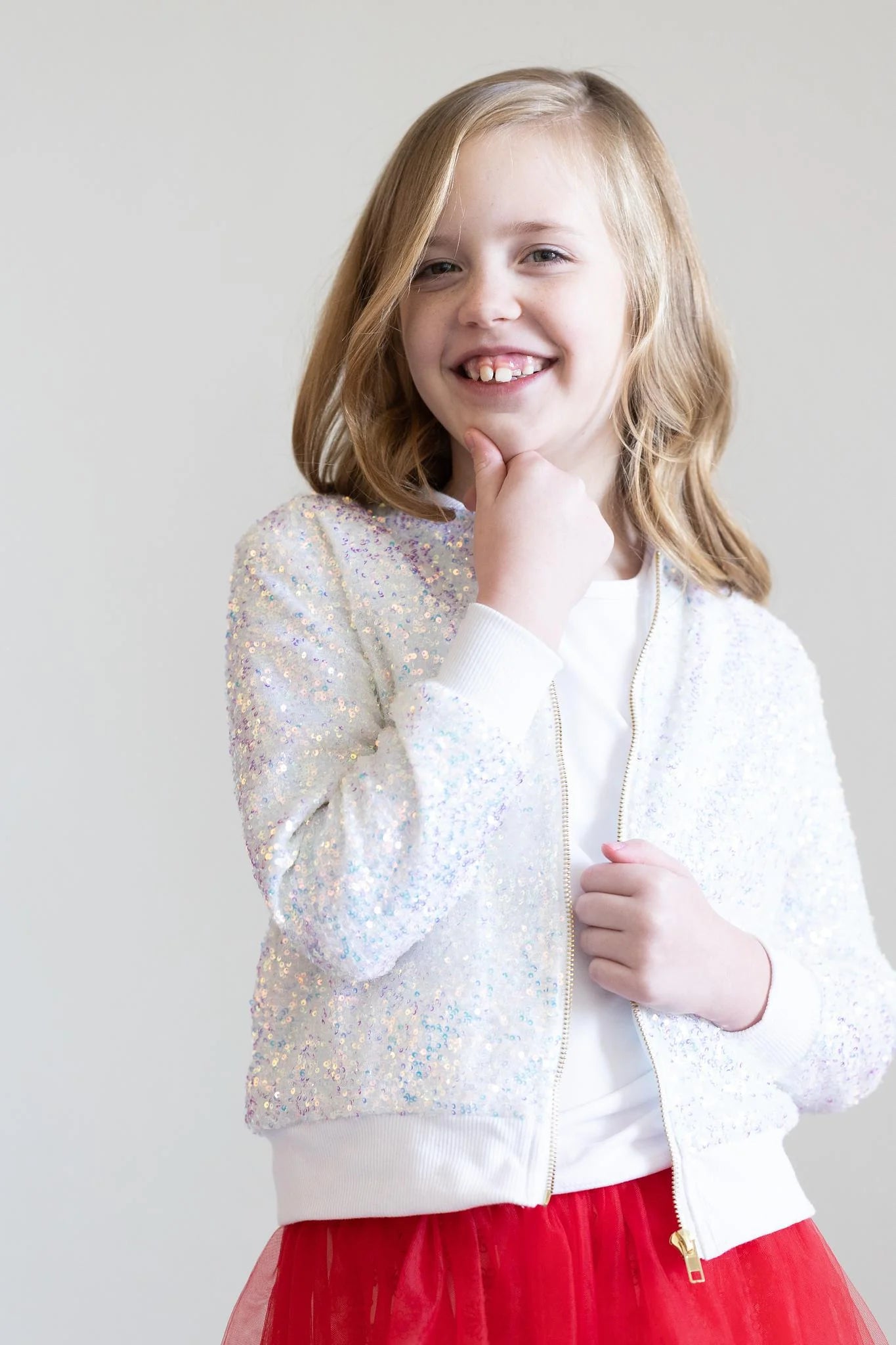 MILA + ROSE SASSY IN SEQUINS GIRLS BOMBER JACKET | WHITE DISCO