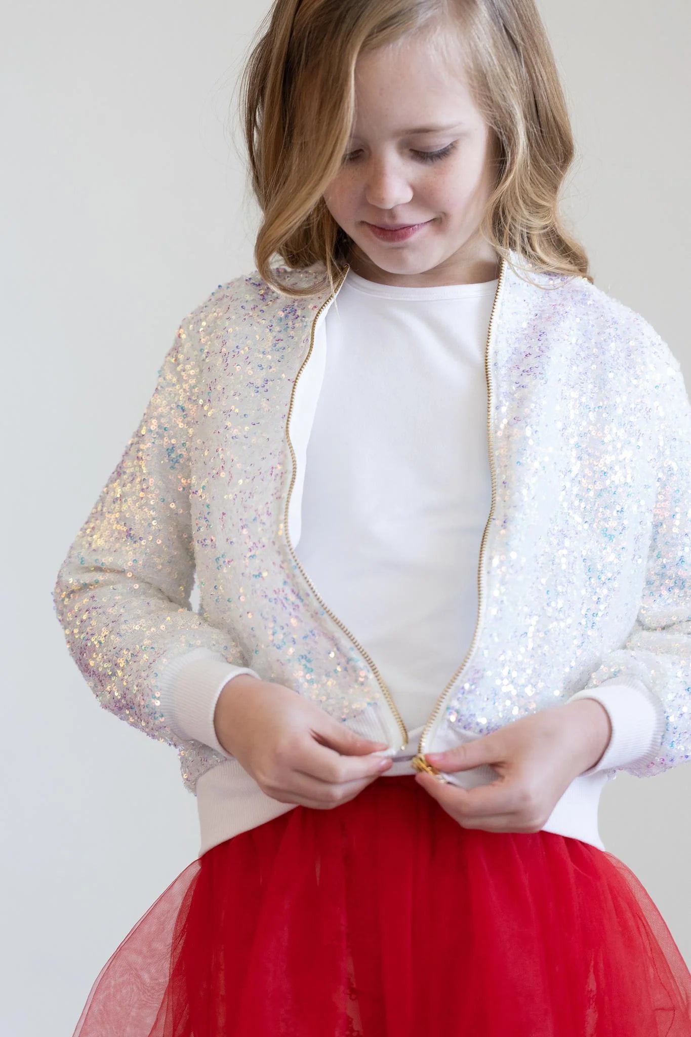 MILA + ROSE SASSY IN SEQUINS GIRLS BOMBER JACKET | WHITE DISCO