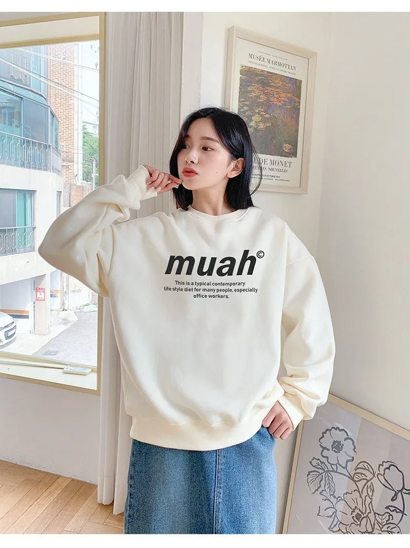 muahmuah  |Street Style Long Sleeves Plain Cotton Oversized Logo