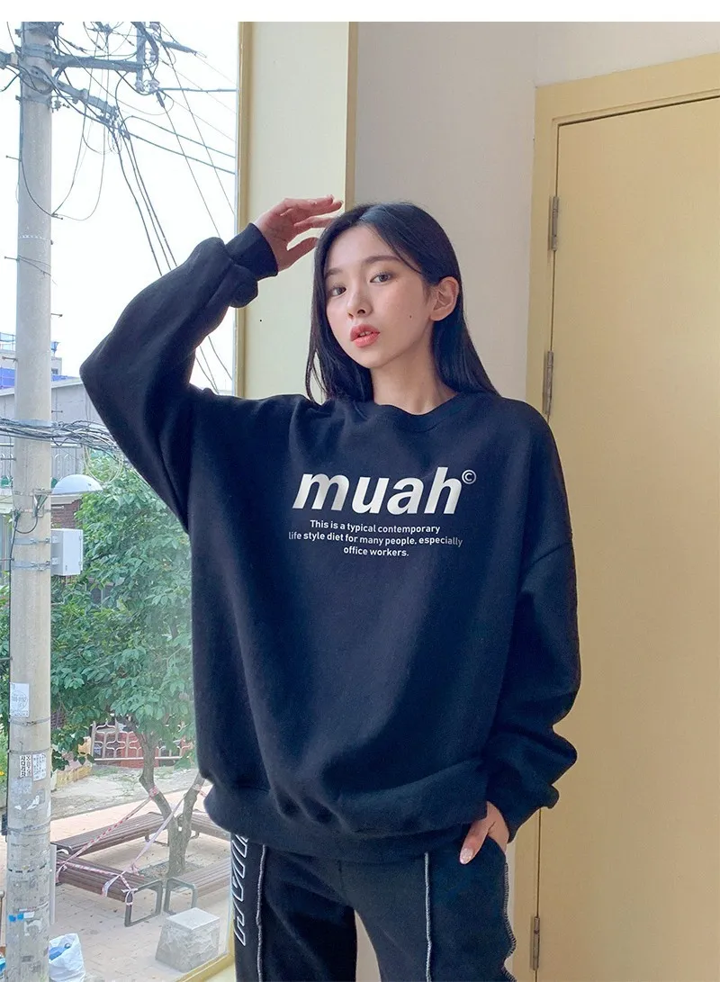 muahmuah  |Street Style Long Sleeves Plain Cotton Oversized Logo