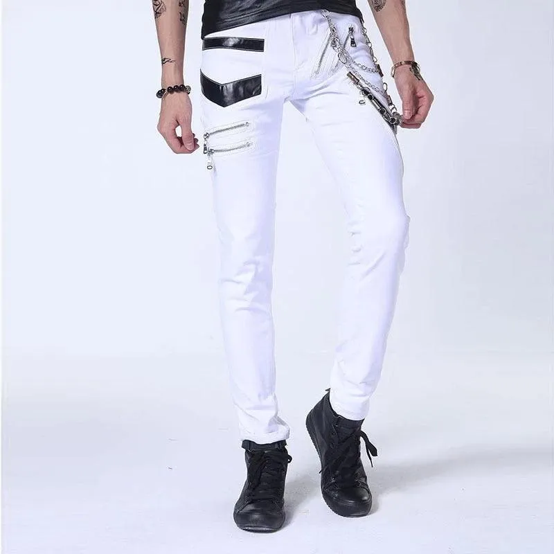 Punk Style Gothic Jeans with Chains - Multi-Zipper Pencil Pants