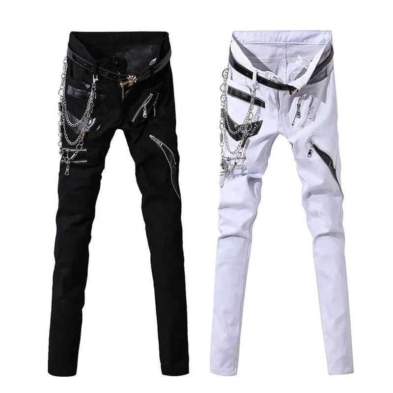 Punk Style Gothic Jeans with Chains - Multi-Zipper Pencil Pants