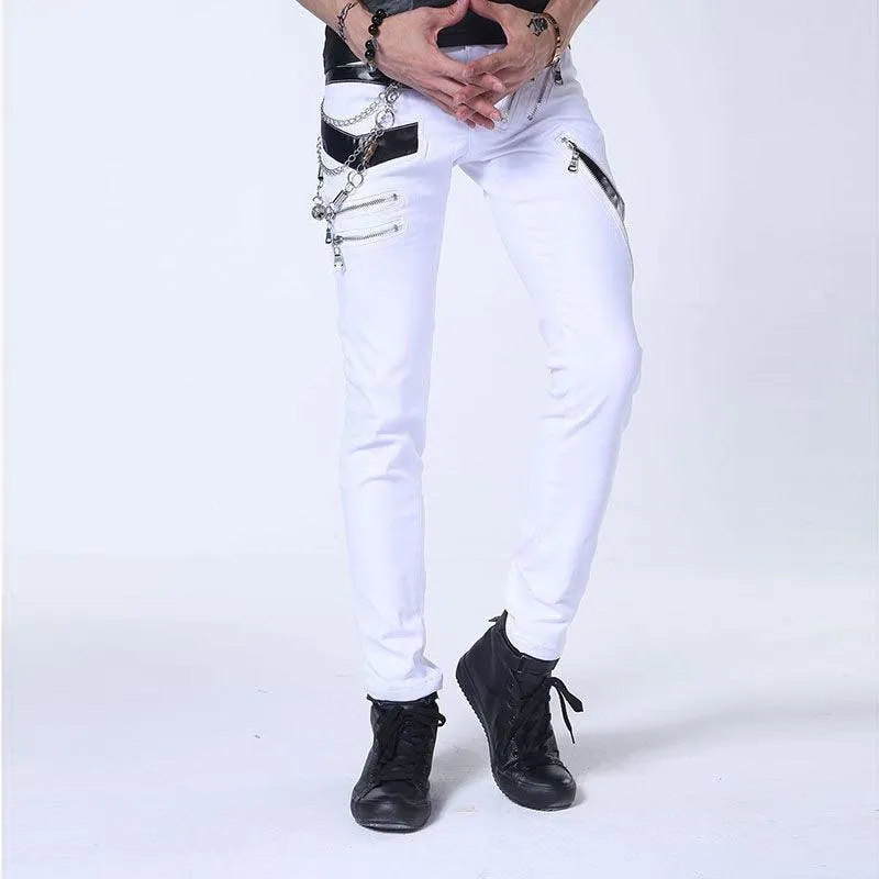 Punk Style Gothic Jeans with Chains - Multi-Zipper Pencil Pants