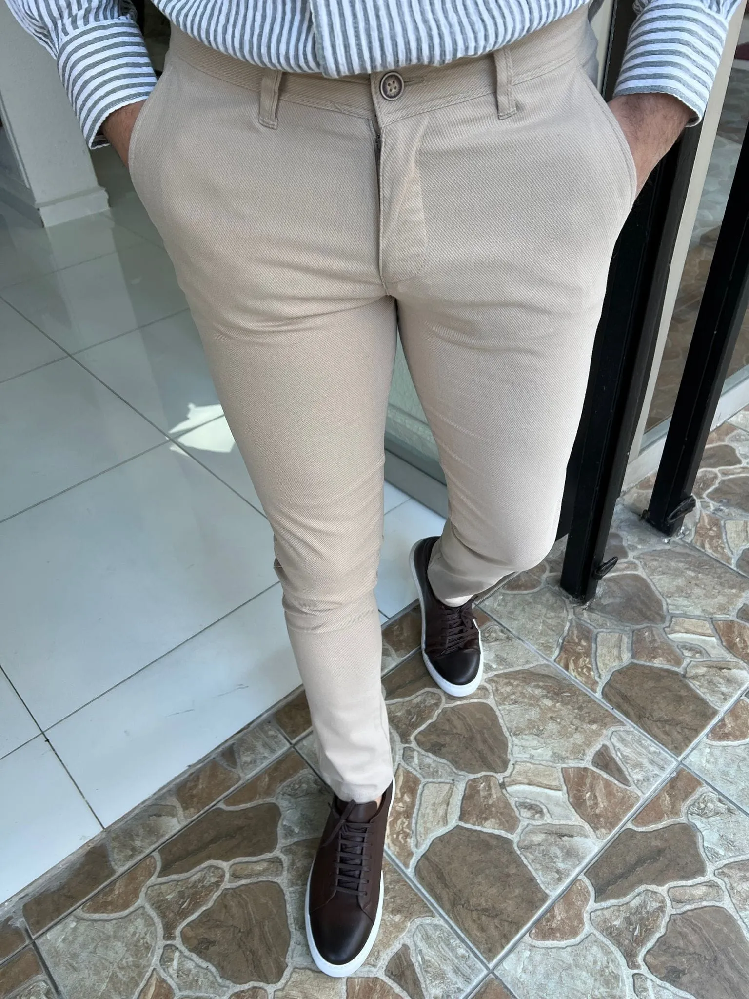 Slim Fit Micro Pattern Beige Pants