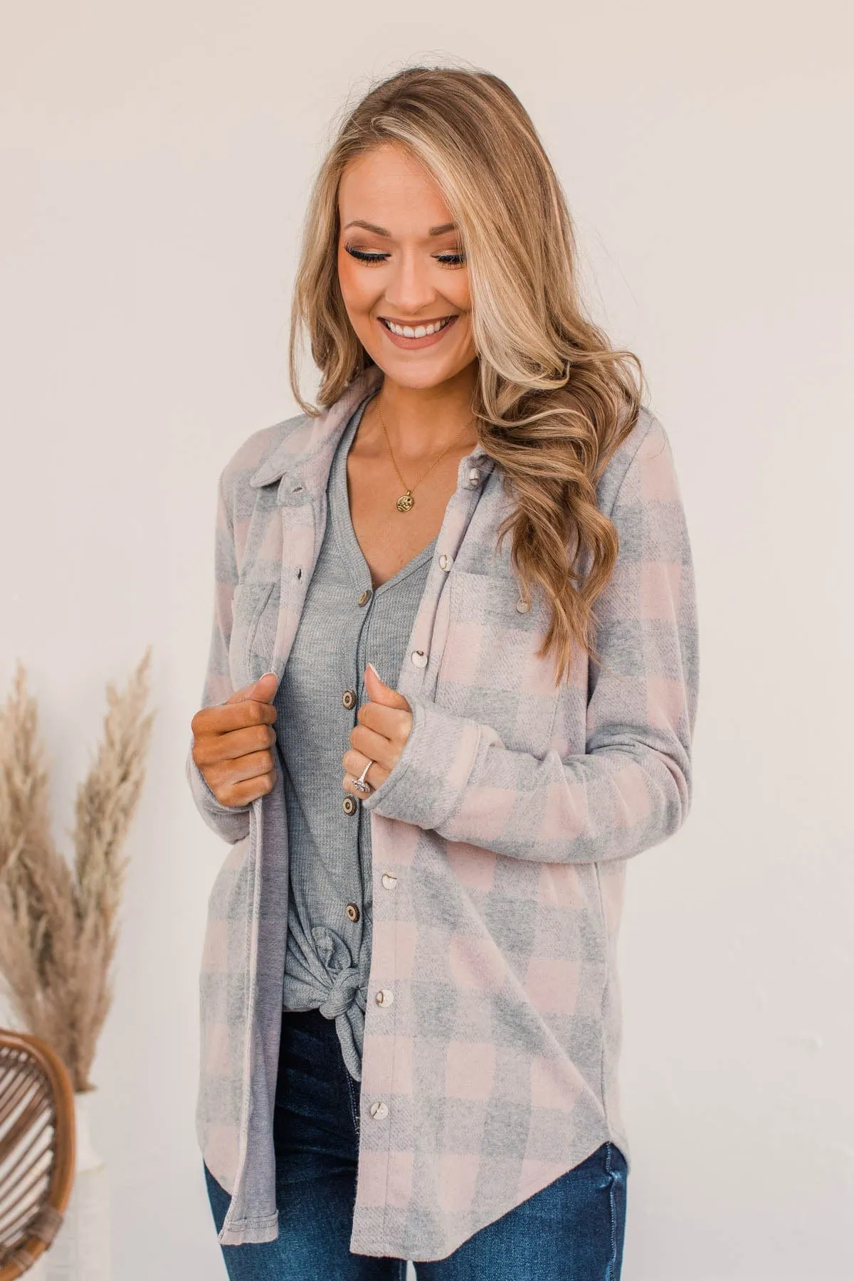 Thread & Supply Free Falling Lightweight Button Down Jacket- Gray & Pink